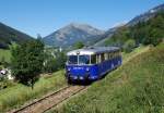 Der Schienenbus 5081 563 war am 11.09.2011 vom Bahnhof Erzberg nach Vordernberg Markt unterwegs, und wurde von mir frühherbstlichen Vordernbergertal mit Blick auf den 1911 Meter hohen Polster fotografiert. 