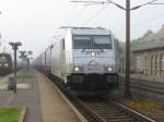 91 81 0185 417-5 A-TXLA mit Güterwagen wird am 17. Maj 2014 in Ejby, Fyn, Danmark, von ein IC-Zug überholt