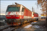 Ein par Sonnenstrahlen erleuchten 1014.13 am Morgen des 20. Februar 2025 im Bahnhof Kalsdorf. 