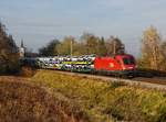 Die 1016 041 mit einem Autozug am 04.11.2017 unterwegs bei Fahlenbach.