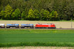 Lokportrait von 1016 025 der ÖBB mit einem gemischten Güterzug bei Kehlheim in Richtung Regensburg, 29.05.2021