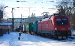 Aufgrund von gefrorenen Weichen wurden am 27.1.2010 in Tullnerbach-Pressbaum alle Zge ber die Bahnsteiggleise anstatt die Durchfahrtsgleise gefhrt: hier 1016 039 mit Containerzug.