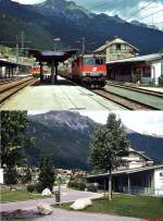 Im Juni 2000 fährt 1110 004-7 mit einem Güterzug durch den Bahnhof St. Anton am Arlberg. Knapp 3 Monate später wurde der neue Bahnhof in Betrieb genommen und die alte Streckenführung stillgelegt. Der heutige Zustand ist auf dem unteren Bild, das im August 2010 entstand, sichtbar.