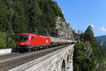 Am Nachmittag des 22. September 2020 beförderte die 1116.138 einen leeren Kesselwagenzug über den Semmering-Pass. Beim Überqueren des Krauselklause-Viadukts konnte ich die Leistung fotografieren.