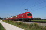 1116 094 mit einem  Flachcontainerzug  aus Rosenheim kommend am 24. August 2022 bei Übersee am Chiemsee.