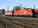 1144 009-8 und 1116 134-8 müssen in Timelkam mit einer Güterzugleistung einen kurzen Halt einlegen; 240320