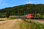 Mit einem zum größten Teil aus neuen Chemiekesselwagen bestehenden Ganzzug war am Abend des 06. August 2021 die 1116.147 in Richtung Norden unterwegs. Zwischen Breitenfurt und Dollnstein gelang eine Aufnahme.  