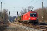 1116 083-5 folgt im Blockabstand mit einem weiteren KLV-Zug Richtung Rosenheim. Aufgenommen am 5.03.11 in Aling.