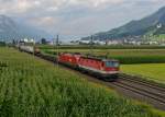 1144 016 + 1116 083 mit einem Gterzug am 11.08.2012 unterwegs bei Schwaz.