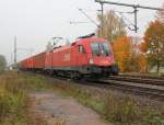 1116 199-1 mit Containerzug in Fahrtrichtung Sden. Aufgenommen am B Eltmannshausen7Oberhone am 11.10.2012.