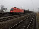 1116 162 zieht bei dichtem Nebel einen gemischten Güterzug bei Redl-Zipf Richtung Salzburg; 140218