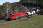 Die nagelneu in Railjetlackierung befindliche 1116.155 fährt mit G-46722 bei der Apfelwiese am Eichberg.