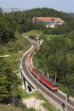 Links die schroffe Preinerwand der Rax,rechts das ehemalige Kurhaus und unten überqueren 1144.261+284 mit G-54627 den Kartnerkogel-Viadukt am Wolfsbergkogel am 23.8.18