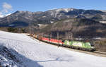 1016 023  Greenpoint  + 1144 243 + 1144 225 waren am kalten 12. Feber 2021 als Tridem über den Semmering unterwegs und wurden von mir auf der Apfelwiese bei Eichberg fotografiert.