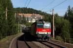 Am morgen des 23.08.13 bespannt die BB 1144 097 den EC 151  Emona  von Wien Meidling nach Ljubljana bis Spielfeld-Stra.
Hier passiert der Zug die Haltestelle Wolfsbergkogel.