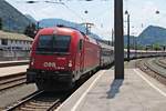 Einfahrt am 02.07.2018 von 1216 009 (E 190 009) mit dem EC 88 (Bologna C. - Rosenheim) in den Bahnhof von Kufstein. Aufgrund von Bauarbeiten zwischen Rosenheim und München endete der EuroCity an diesem Tag bereits in Rosenheim.