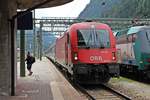 Einfahrt am 05.07.2018 von 1216 032 (E 190 032/ex. 1216 232) mit dem EC 80 (Verona P. N. - München Hbf) in den Grenzbahnhof Brennero.