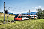 4023 009-6 fährt S2 4315 (Feldkirchen in Kärnten - Villach Hbf - Rosenbach), bei Schlatten, nahe Rosenbach vorüber.
Aufgenommen am 28.8.2018.