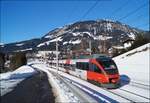 Der Vorarlberger 4024 026-9 auf Abwegen im Brixental: Am 07.02.2020 war der mittlerweile seit fast 2 Jahren in Innsbruck beheimatete Triebwagen mit der Leistung der S-Bahn 5023 als Langläufer vom Brenner nach Saalfelden unterwegs und konnte in winterlicher Umgebung bei Fieberbrunn abgelichtet werden.