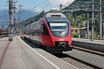 Einfahrt am 30.06.2018 von ÖBB 4024 081-4 als REX nach Bludenz, als dieser auf Gleis 3 an den Bahnsteig vom Bahnhof Feldkirch rollte.