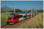 4024 090 als R 5258 von Fieberbrunn unterwegs nach Wrgl Hbf, aufgenommen am 16.7.2007 kurz nach Fieberbrunn mit dem Kitzsteiner Horn (links) und dem Wilden Kaiser (rechts) im Hintergrund.