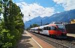 05.07.2020, Rum bei Innsbruck: Der ehemalige Vorarlberger Talent 4024 033-5 ist als REX 5224 auf dem Weg von Kufstein nach Brennero/Brenner in der Haltestelle zum Stehen gekommen und wartet nun vor