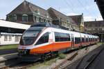 LINDAU/Bodensee (Landkreis Lindau/Bodensee), 07.05.2023, 4024 022-7 der ÖBB soeben - vermutlich als S1 von Bregenz - im Bahnhof Lindau-Insel eingetroffen; Soundtest auf der Matrix bedeutet