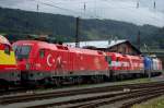 ... eine fehlte noch: 1116 003-3  Frankreich . So wurde der erste Teil des Lokzuges zusammengestellt und nach Wrgl abgefahren: Griechenland-Italien-Portugal-Spanien-Trkei-sterreich-Frankreich... eine Augenweide. (Innsbruck, 23.08.2008)