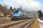 1116 029 (EM Schweden) brachte am 18.1.2009 den OEC564 von Wien nach Bregenz. Hier bei Untertullnerbach.