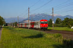 Als REX verkehrender Zug zwischen Hohenems und Dornbirn, Fahrtrichtung Dornbirn, mit Schublok 114 009-8. 26.6.17