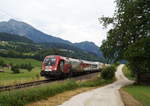 1116 159  150 Jahre Brennerbahn  beförderte am 06.07.2019 eine ROLA mit ausschließlich türkischen LKWs in Richtung Wels und konnte kurz nach Spital am Pyhrn im Sommerabendwind festgehalten werden.