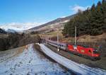 Bei wunderschönem Winterwetter kam die 1216 015-8 am 31.01.2020 erneut vor den Brenner-ECs zum Einsatz.