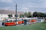 Wien: Die Wiener Straßenbahnen vor 50 Jahren: SL 62 (L4 519 + l3 + l3) XIII, Hietzing, Lainz, Wolkersbergenstraße (Endhaltestelle, Ausstieg) am 28. August 1969. - Hersteller und Bj des Triebwagens: SGP, 1960). Gräf & Stift baute in den Jahren 1959 bis 1962 die Beiwagenserie l3 (1701 - 1900). - Scan eines Diapositivs. Film: Kodak Ektachrome. Kamera:
Canon Canonet QL28. 