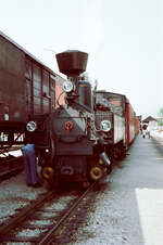 Kontrolle eines Dampfzugs der Zillertalbahn durch den Lokführer (1983)