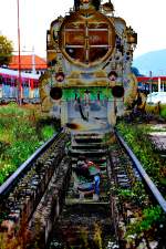 Wenn Bahnfotografen , Bahnfotografen im Gleisbereich festhalten. Celje am 24.09.2015