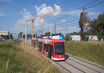 Variobahn 230 macht Werbung für die Special Olympics 2017 welche in der Steiermark ausgetragen werden, diese konnte als Linie 5 beim Brauhaus Puntigam aufgenommen werden, 13.09.2016. 