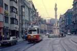 Innsbruck IVB SL 1 (Großraumtriebwagen 6* (Lohnerwerke 1960)) Maria-Theresien-Straße am 14. Juli 1978. - Scan eines Diapositivs. Film: Kodak Ektachrome. Kamera: Leica CL.