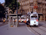 Wien WVB SL 71 (E1 4738 + c2 1038) I, Innere Stadt, Schubertring (Endstation Schwarzenbergplatz - Einstiegstelle) im Juli 1982.