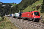 ÖBB 1216 004-2 am Zugschluss einer ROLA von Brennersee nach Wörgl Terminal Nord bei der Talfahrt. Aufgenommen bei St. Jodok am Brenner am 25.09.2021