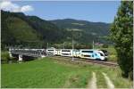 Westbahn 4010.001 und 4010.002  Stadler  KISS  bei der Strstrommessfahrt SPROB 97758 von Linz  ber Villach nach Graz. 
Murbrcke Unzmarkt 25.08.2011