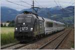 Werbelok 1116 153  CATS  fhrt mit EC 103  Polonia (Warschau - Villach) durch das verregnete Murtal.  
Zeltweg 12.7.2012