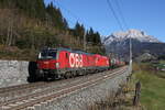 1293 187 und 1116 094 mit einem gemischten Güterzug am 4. November 2024 bei Pfaffenschwend.