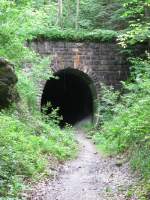 ehemalige Bregenzerwaldbahn, km 12,33 : Das ist die Einfahrt in den Rotachtunnel, erbaut 1901. Er ist 123 m lang. Der Tunnel ist gesperrt wegen Einsturzgefahr. In der Mitte des Tunnels sind einige Steine von der Decke gefallen. Fotografiert in Richtung Bezau.

Auen ist hier alles komplett verwuchert, eine Bahntrasse ist nicht mehr sichtbar. 