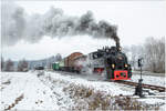 Die Weiche - Dampflok 764.411R der Stainzerbahn fährt mit einem Güterzug von Preding nach Stainz, aufgenommen nahe Preding. 16.12.2018