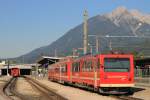 VT4 + B4 34 + VT6 der Zillertaler Verkehrsbetriebe AG mit R 127 Jenbach-Mayrhofen auf Jenbach Zillertalbahn am 2-8-2013.