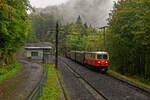 Ende September 2021 fanden auf Initiative eines Berliner Reiseveranstalters einige Sonderfahrten mit einer in den Zustand der 1970er Jahre gebrachten Garnitur auf der Bergstrecke der Mariazellerbahn statt. Die E14 der NÖVOG hatte zu diesem Zwecke das Flügelrad und die Nummerierung 1099.14 erhalten. Bei den Personenwagen wurden die Ötscherbär-Logos entfernt und es wurden auch mit Holz beladene Flachwagen mitgeführt. Leider spielte das Wetter wie bei den vergangenen Fahrten größtenteils nicht mit. Beim Kreuzungsaufenthalt im Bahnhof Puchenstuben konnte ich den Zug in einer typischen Herbststimmung dokumentieren (27. September 2021).