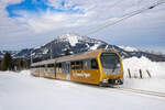 Weißenbach / St. Sebastian. Der NÖVOG ET5 ist hier an diesem winterlichen 14.01.2025 als Regionalzug R56 von St. Pölten nach Mariazell, kurz vor seinem Endbahnhof zu sehen.