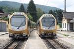 NÖVOG ET8 nach Mariazell kreuzt am 27.Juli 2014 im Bahnhof Kirchberg an der Pielach mit ET4 nach St.