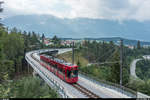 Stubaitalbahn: IVB Flexity 325 überquert am 23. Juli 2018 auf dem Weg nach Fulpmes die neue Mutterer Brücke zwischen den Haltestellen Nockhofweg und Raitis.