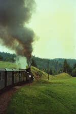 Die Waldviertelbahn wirkte hier wie eine Dampfbahn im Wilden Westen, vor allem mit einer Dampflok der ÖBB-Baureihe 399    Datum: 20.08.1984